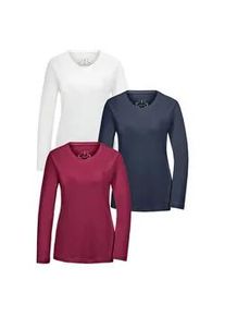 Kurzarmshirt GOLDNER "Kurzgr&ouml;&szlig;e Langarmshirt im 3er-Pack", Damen, Gr. 22, wei&szlig; (wei&szlig;, marine, cyclam), Obermaterial: 95% Baumwolle CO. 5% Elasthan EL., gerade, elastischer Saum, Shirts, keine/nicht relevant