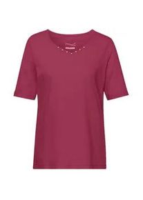 Langarm-Poloshirt GOLDNER "Kurzgr&ouml;&szlig;e Halbarm Basic-Shirt aus Baumwolle", Damen, Gr. 24, rot (merlot), Obermaterial: 95% Baumwolle CO. 5% Elasthan EL., Tubular, Shirts, Ausschnitt in Herzform mit Schmucksteinen verziert