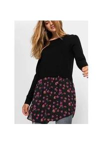 Strickpullover bonprix "Feinstrickpullover mit Rockansatz", Damen, Gr. 40/42 (M), schwarz (schwarz, lila), Obermaterial: 70% Viskose, 30% Polyamid. Einsatz: 100% Polyester, bequem, Rundhals, Pullover Strickpullover, mit Materialmix, runder Halsausschnitt, mehrfarbige Optik