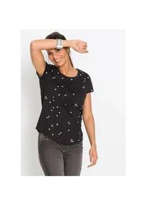 T-Shirt bonprix, Damen, Gr. 40/42 (M), schwarz (schwarz bedruckt), Jersey, Obermaterial: 100% Baumwolle, bedruckt, slim fit h&uuml;ftlang, Rundhals, Shirts T-Shirt, Slim Fit Passform, Kurzarm, abgerundeter Saum, aus reiner Baumwolle