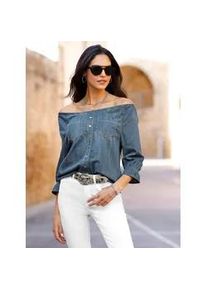 Carmenbluse Heine, Damen, Gr. 40, blau, bleached, 100% Baumwolle, unifarben, Carmenausschnitt, Blusen