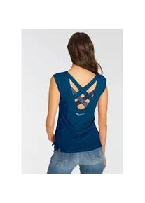 T-Shirt Ragwear "SOFIA O", Damen, Gr. XL (42), blau (navy 2028), Single Jersey, Obermaterial: 100% Baumwolle, kontrastfarbene Details, meliert, unifarben mit Farbeins&auml;tzen, figurbetont h&uuml;ftlang, Rundhals, angeschnitten, Shirts T-Shirt, mit besonderem R&uuml;ckenausschnitt