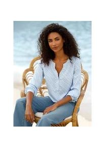 Langarmbluse Heine, Damen, Gr. 36, eisblau, ecru, bedruckt, 100% Polyester, bedruckt, gemustert, mehrfarbig, Rundhals, Blusen