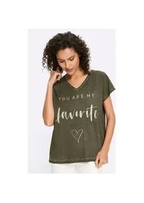 Kurzarmshirt Heine "Shirt", Damen, Gr. 36, khaki, 100% Baumwolle, gemustert, V-Ausschnitt, Shirts