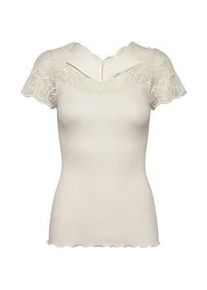Spitzenshirt rosemunde "Beatha Lace Capsleeve T-Shirt", Damen, Gr. L, wollwei&szlig;, Feinstrick, Obermaterial: 55% Seide, 45% Baumwolle, durchscheinend, gebl&uuml;mt, unifarben, eng h&uuml;ftbedeckend, V-Ausschnitt, Spitze, Shirts, wundersch&ouml;ne elastisch weiche Vintage-Spitze an Ausschnitt und &Auml;rmeln