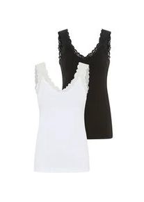 Spitzentop Tamaris, Damen, Gr. 46, schwarz, wei&szlig;, Single Jersey, Obermaterial: 95% Baumwolle, 5% Elasthan. Obermaterial wei&szlig;: 95% Baumwolle, 5% Elasthan, unifarben, Basic, figurbetont h&uuml;ftlang, Tops Spitzentop, mit femininen V-Ausschnitt, figurbetont