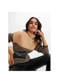 Strickpullover bonprix, Damen, Gr. 44/46 (L), beige (latte macchiato, schwarz gestreift), Obermaterial: 75% Polyacryl, 22% Polyester, 3% Elasthan, festlich, oversize, Pullover Strickpullover, aus Polyacryl, Polyester und Elasthan, mit Stehkragen