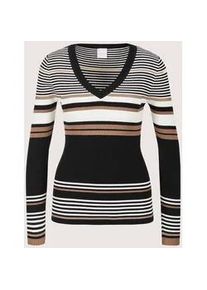 Madeleine Mode Longpullover MADELEINE "Feinstrickpullover Viskosepullover mit Streifen-Muster", Damen, Gr. 34, schwarz (schwarz, wollwei&szlig;, caramel), Obermaterial: 72% Viskose CV. 28% Polyester PES., Modern, schmal, Pullover Longpullover, Feine Rippstruktur