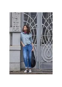 Langarmbluse STREET ONE STUDIO, Damen, Gr. 46, light blau laser washed, Web, 100% Baumwolle, gemustert, normal normal, V-Ausschnitt, B&uuml;ndchen, Blusen, aus reiner Baumwolle