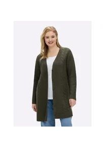 Longstrickjacke sheego, Damen, Gr. 56/58, khaki, ecru, meliert, 55% Polyacryl, 36% Polyester, 5% Wolle, 4% Elasthan, unifarben, Strickjacken Longstrickjacke