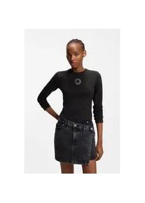 HUGO BOSS Langarmshirt HUGO BLUE "Daliriee", Damen, Gr. M (38), schwarz 001, Single Jersey, Obermaterial: 94% Baumwolle, 6% Elasthan, unifarben, figurbetont taillenbedeckt, Rundhals, abgesteppte Kante, Shirts Langarmshirt, cropped, Rundhals, mit Strassbesatz