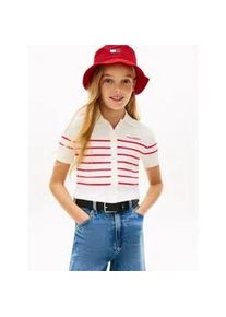 Strickjacke Tommy Hilfiger "SWEATER RIB POLO SS", M&auml;dchen, Gr. 12 (152), rot alert, Strick, Obermaterial: 72% Baumwolle, 28% Polyamid, gestreift, regular fit taillenlang, Rundhals, eingesetzt B&uuml;ndchen, Strickjacken Strickjacke, Kinder bis 16 Jahre, regular fit