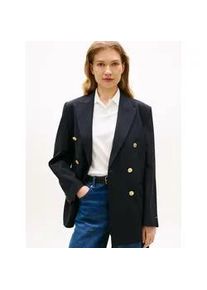 Kurzblazer Tommy Hilfiger "TIMELESS WOOL DB BLAZER", Damen, Gr. 44, schwarz night navy, Web, Obermaterial: 54% Polyester, 44% Wolle, 2% Elasthan, unifarben, bequem, V-Ausschnitt, Blazer Kurzblazer, mit doppelreihiger Knopfleiste