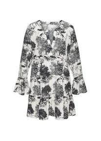 Strandkleid Lascana, Damen, Gr. 44/46, N-Gr, blau (creme, schwarz), Web, Obermaterial: 100% Viskose, bedruckt, figurumspielend ca. Mitte Oberschenkel, Rundhals, Volant, Kleider Strandkleid, mit Alloverdruck, Tunika, Blusenkleid aus Viskose