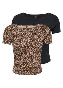 Kurzarmshirt Only "ONLSUSAN SHORT S/S 2 PACK TOP CS JRS", Damen, Gr. XS, schwarz pack:leo, Jersey, Obermaterial: 95% Baumwolle, 5% Elasthan, bedruckt, unifarben, slim fit normal, Rundhals, Shirts