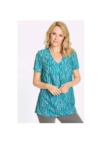 Kurzarmbluse Classic Basics, Damen, Gr. 54, t&uuml;rkis, ecru, bedruckt, 100% Polyester, gebl&uuml;mt, gemustert, mehrfarbig, V-Ausschnitt, Blusen