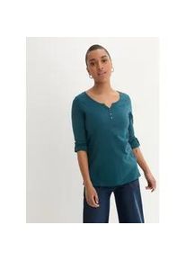 Langarmshirt bonprix, Damen, Gr. 44/46 (L), blaupetrol, Obermaterial: 100% Baumwolle, gerade, Shirts Langarmshirt, gerade Passform, verstellbare &Auml;rmel, mit V-Ausschnitt
