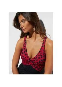 Badeanzug bonprix "Badeanzug mit Wickeloptik", Damen, Gr. 40, N-Gr, rot, schwarz leo bedruckt, Obermaterial: 80% Polyamid, 20% Elasthan. Futter: 100% Polyester, Badeanz&uuml;ge Badeanzug, bequeme Passform, mit Wickeloptik, verstellbare Tr&auml;ger