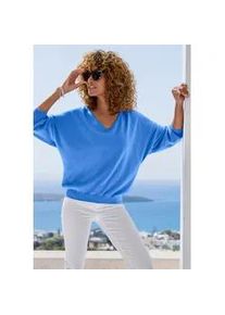 Fledermauspullover Vivance, Damen, Gr. 40/42, blau, Strick, Obermaterial: 60% Baumwolle, 40% Polyamid, unifarben, figurumspielend h&uuml;ftlang, V-Ausschnitt, Pullover