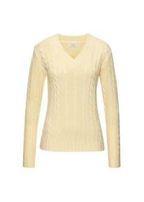 V-Ausschnitt-Pullover Lascana, Damen, Gr. 40/42, gelb, Strick, Obermaterial: 50% Baumwolle, 50% Polyacryl, Zopfmuster, figurumspielend h&uuml;ftlang, V-Ausschnitt, Rippb&uuml;ndchen, Pullover, mit Zopfstrickmuster