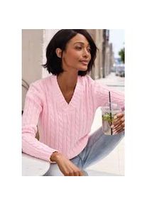 V-Ausschnitt-Pullover Lascana, Damen, Gr. 40/42, ros&eacute;, Strick, Obermaterial: 50% Baumwolle, 50% Polyacryl, Zopfmuster, figurumspielend h&uuml;ftlang, V-Ausschnitt, Rippb&uuml;ndchen, Pullover, mit Zopfstrickmuster