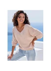 Fledermauspullover Vivance, Damen, Gr. 40/42, sand, Strick, Obermaterial: 60% Baumwolle, 40% Polyamid, unifarben, figurumspielend h&uuml;ftlang, V-Ausschnitt, Pullover