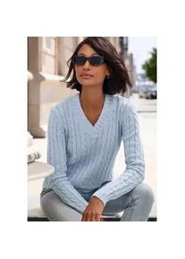 V-Ausschnitt-Pullover Lascana, Damen, Gr. 44/46, hellblau, Strick, Obermaterial: 50% Baumwolle, 50% Polyacryl, Zopfmuster, figurumspielend h&uuml;ftlang, V-Ausschnitt, Rippb&uuml;ndchen, Pullover, mit Zopfstrickmuster