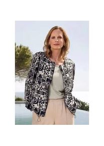 Kurzjacke GOLDNER "Satinjacke mit Aztekenmuster", Damen, Gr. 42, stein, schwarz, gemustert, Obermaterial: 100% Viskose CV., Jacken Kurzjacke, Kordelzug am Saumabschluss