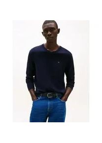 Strickpullover Tommy Hilfiger "ESSENTIAL COTTON V NECK mit V-Ausschnitt und Stickerei", Herren, Gr. S, blau (desert sky), Strick, Obermaterial: 100% Baumwolle, V-Ausschnitt, Rippb&uuml;ndchen, Pullover Strickpullover, unifarben, casual, regular fit, Baumwolle, V-Ausschnitt