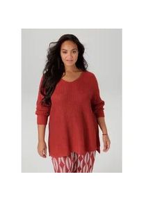 Strickpullover ANISTON PLUS, Damen, Gr. 52, rot (rostrot), Strick, Obermaterial: 100% Polyacryl, unifarben, l&auml;ssig geschnitten Po-bedeckend, V-Ausschnitt, Rippstrickb&uuml;ndchen, Pullover Strickpullover, im dezenten Ajour-Strickmuster