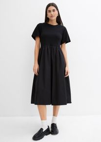 bonprix Midikleid aus reiner Baumwolle, schwarz, Gr.52, Kurz&auml;rmliges Midikleid aus Materialmix, aus 100% Baumwolle