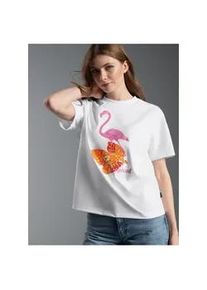 T-Shirt TRIGEMA "TRIGEMA T Shirt mit "Tropical" Print", Damen, Gr. XXL, wei&szlig;, Single Jersey, 100% Baumwolle, Rundhals, Shirts T-Shirt