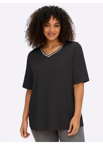 sheego Gro&szlig;e Gr&ouml;&szlig;en V-Shirt mit Glitzergarn-Streifen, schwarz, Gr&ouml;&szlig;e 44/46 - Damen