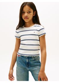T-Shirt Tommy Hilfiger "ESSENTIAL RIB TOP mit Babylock-Kanten und Stickerei", M&auml;dchen, Gr. 5 (110), beige (ivory silk stripes), Rippware, Obermaterial: 95% Baumwolle, 5% Elasthan, normal h&uuml;ftlang, Rundhals, Rollkante, Shirts T-Shirt, unifarben, casual, regular fit, Baumwollmix, Rundhals