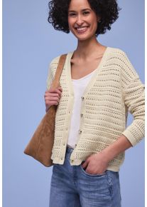 Cardigan Street One, Damen, Gr. 40, soft beige, Strick, Obermaterial: 100% Baumwolle, unifarben, l&auml;ssig geschnitten h&uuml;ftbedeckend, V-Ausschnitt, Flachstrickb&uuml;ndchen, Strickjacken Cardigan, Struktur-Cardigan mit feinem Lochmuster