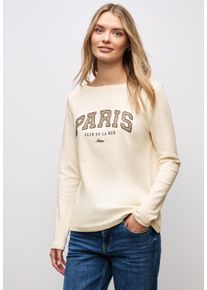 Langarmshirt Street One, Damen, Gr. 44, soft beige, Jersey, Obermaterial: 100% Baumwolle, bedruckt, l&auml;ssig geschnitten h&uuml;ftbedeckend, U-Boot-Ausschnitt, Shirts Langarmshirt, mit Print, Wording Print im Leo-Look