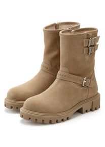 Stiefelette ELBSAND "Stiefel, Boots, Bikerboots, Lederstiefelette, Lederboots", Damen, Gr. 37, beige, Obermaterial: 100% Rindsleder. Decksohle: 100% Textilmaterial. Futter: 85% Textilmaterial, 15% Lederimitat. Laufsohle: 100% Synthetik, Veloursleder, unifarben, Schuhe Stiefelette, aus Leder mit trendigen Zierschnallen