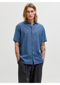Jack & Jones Kurzarmhemd JACK & JONES "JJESUMMER LINEN BLEND SHIRT S/S SN", Herren, Gr. M, N-Gr, navy blazer, Web, Obermaterial: 70% Baumwolle, 30% Leinen, unifarben, normal normal, Hemden Kurzarmhemd, Baumwolle mit Leinen, regular fit