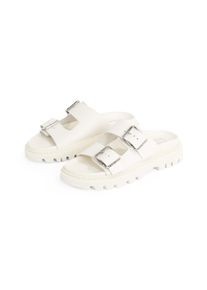 Pantolette Tommy Jeans "TJW DOUBLE STRAP SANDAL", Damen, Gr. 42, wei&szlig; (ivory), Leder, Schuhe Pantolette, Plateau, Sommerschuh, Schl&uuml;pfschuh mit zwei verstellbaren Schnallen
