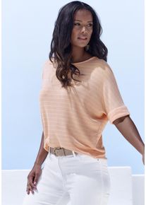 Rundhalsshirt Lascana "mit breitem &Auml;rmelumschlag", Damen, Gr. 44/46, orange (peach gestreift), Feinstrick, Obermaterial: 54% Viskose (LENZING&trade; ECOVERO&trade;), 41% Polyester, 5% Elasthan, gestreift, Basic, l&auml;ssig geschnitten normal, Rundhals, mit Umschlag Umschlagsaum, Shirts Rundhalsshirt, aus weichem Viskose-Feinstrick, Topseller