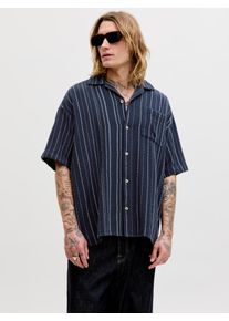 Jack & Jones Kurzarmhemd JACK & JONES "JJEBRADLEY STRIPED RESORT SHIRT SS LN", Herren, Gr. S, N-Gr, navy blazer, Web, Obermaterial: 100% Baumwolle, gestreift, loose fit normal, V-Ausschnitt, Hemden Kurzarmhemd, Baumwolle, loose fit