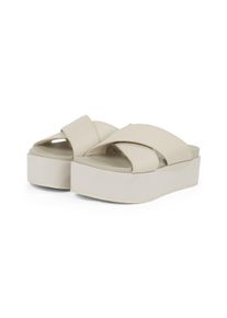 Pantolette Calvin Klein Jeans "FLATFORM CROSS MG UC", Damen, Gr. 36, beige (creme), Leder, Schuhe Pantolette, Plateau, Sommerschuh, Schlappen mit Kreuzbandage