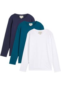 Langarmshirt bonprix, Jungen, Gr. 176/182, blaupetrol, dunkblau, wei&szlig;, Single Jersey, Obermaterial: 100% Baumwolle, mehrfarbig, unifarben, Basic h&uuml;ftbedeckend, Rundhals, Shirts Langarmshirt