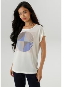 Shirtbluse Aniston SELECTED, Damen, Gr. 46, beige (wei&szlig;, beige, hellblau, taupe, blau, anthra), Cr&ecirc;pe, Obermaterial: 98% Polyester, 2% Elasthan. R&uuml;ckenteil: 95% Viskose, 5% Elasthan, bedruckt, gemustert, l&auml;ssig geschnitten h&uuml;ftbedeckend, Rundhals, mit Umschlag, Blusen Shirtbluse, im Materialmix