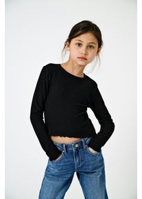 Langarmshirt KIDS Only "KOGNELLA L/S O-NECK TOP JRS NOOS", M&auml;dchen, Gr. 134/140, schwarz, Jersey, Obermaterial: 65% Polyester, 30% Viskose, 5% Elasthan, unifarben, regular fit kurz, Rundhals, gewellter Abschluss, Shirts Langarmshirt, in kurzer Form und mit s&uuml;&szlig;en Wellenkanten am Saum