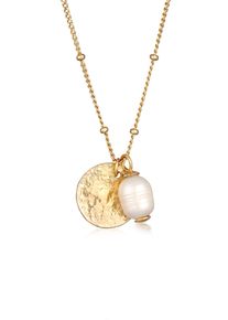 Silberkette Elli Premium "Halskette Kugelkette Pl&auml;ttchen Barockperle Vintage 925 Silber" Gr. 50, gold, Halsketten, Damen, Silber 925 (Sterlingsilber), Silberkette