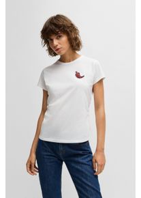 T-Shirt BOSS Orange "Endora Premium Damenmode", Damen, Gr. S, wei&szlig; (wei&szlig; 100), Single Jersey, Obermaterial: 100% Baumwolle, unifarben, Shirts T-Shirt, mit Raffungen, glitzerndes Badge