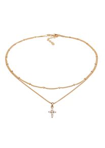 Silberkette Elli "Halskette Choker Layerkette Kreuz Zirkonia 925 Silber" Gr. 36, gold, Halsketten, Damen, Silber 925 (Sterlingsilber), Silberkette
