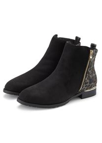 Stiefelette Lascana "Ankle Boots, Stiefel", Damen, Gr. 42, schwarz, leo, Obermaterial: 100% Textilmaterial. Decksohle: 100% Textilmaterial. Futter: 100% Textilmaterial. Laufsohle: 100% Synthetik, unifarben mit Farbeinsatz, Schuhe Stiefelette, mit Leo-Print VEGAN, Topseller