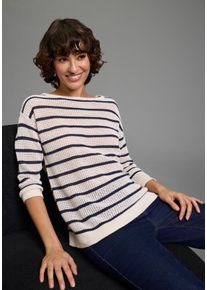 3/4 Arm-Pullover Laura Scott, Damen, Gr. 44/46, beige, navy gestreift, Strick, Obermaterial: 100% Baumwolle, figurumspielend h&uuml;ftlang, U-Boot-Ausschnitt, Rippb&uuml;ndchen, Pullover 3/4 Arm-Pullover, leichter Sommerpullover aus modernem Lochstrick, Topseller